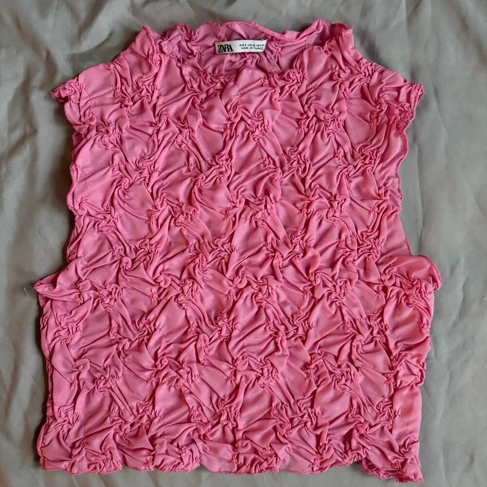Zara Pink Textured Ruched Top Small Sleeveless Stretch Statement Blouse - Picture 2 of 9